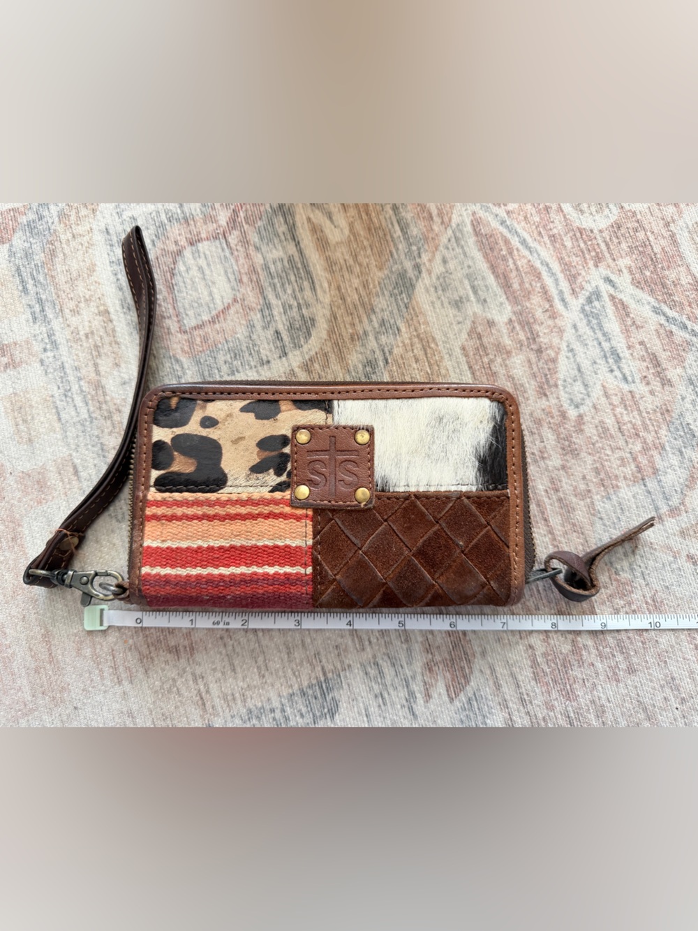 STS Ranchwear Patchwork Brown, Red & Cream Leather Wristlet Key/Card Holder